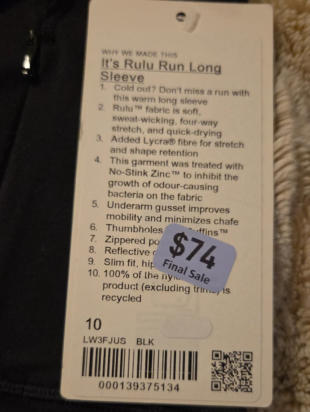 Lululemon Athletica Black It's Rulu Long Sleeve Top size 10 Running Black NWT!